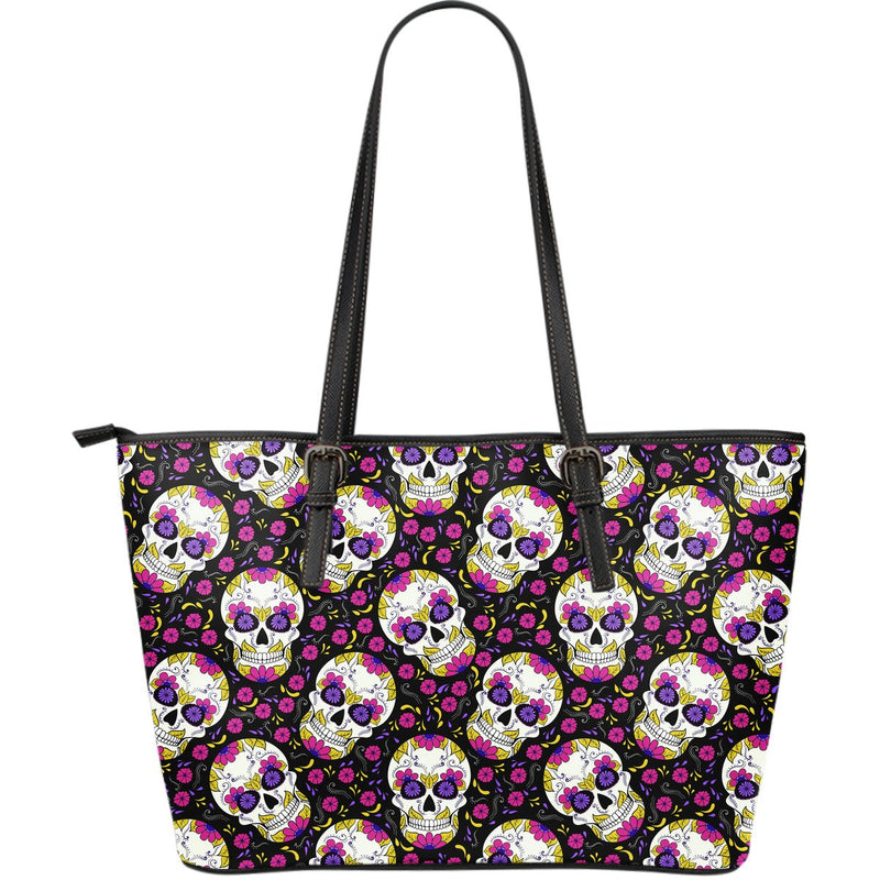 sugar skull Floral Pattern Large Leather Tote Bag
