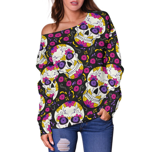 Sugar Skull Floral Pattern Off Shoulder Sweatshirt