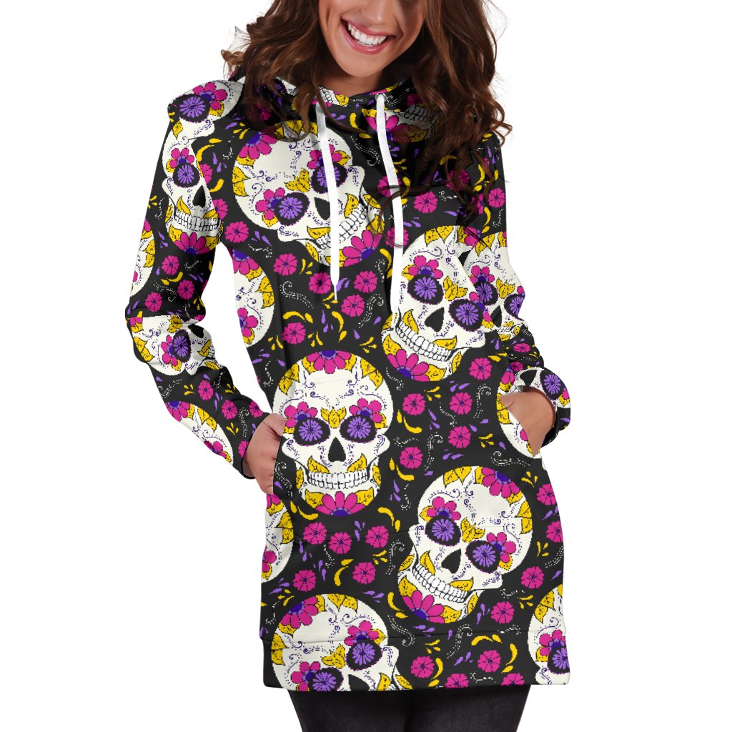 Sugar Skull Floral Pattern Women Hoodie Dress