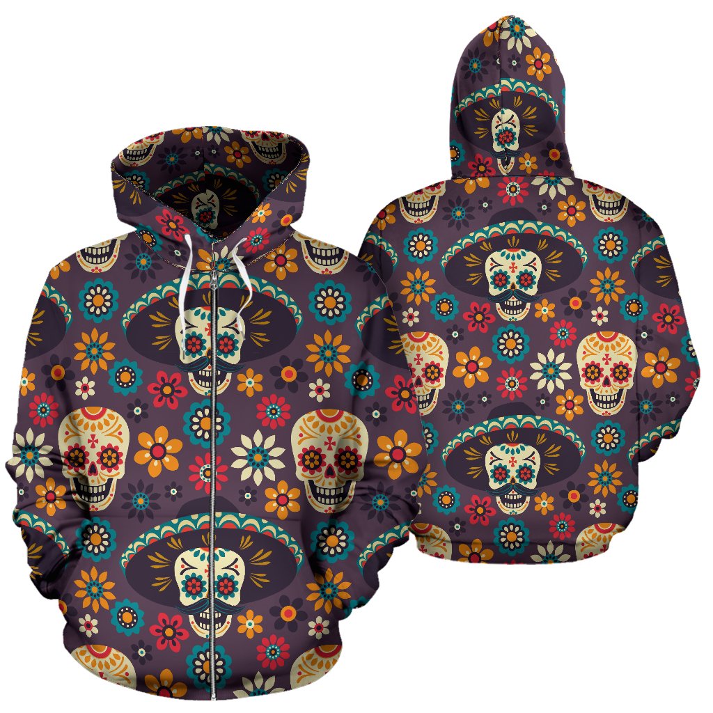 sugar skull Maxican Pattern All Over Zip Up Hoodie