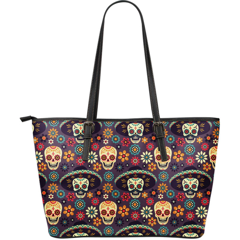 sugar skull Maxican Pattern Large Leather Tote Bag