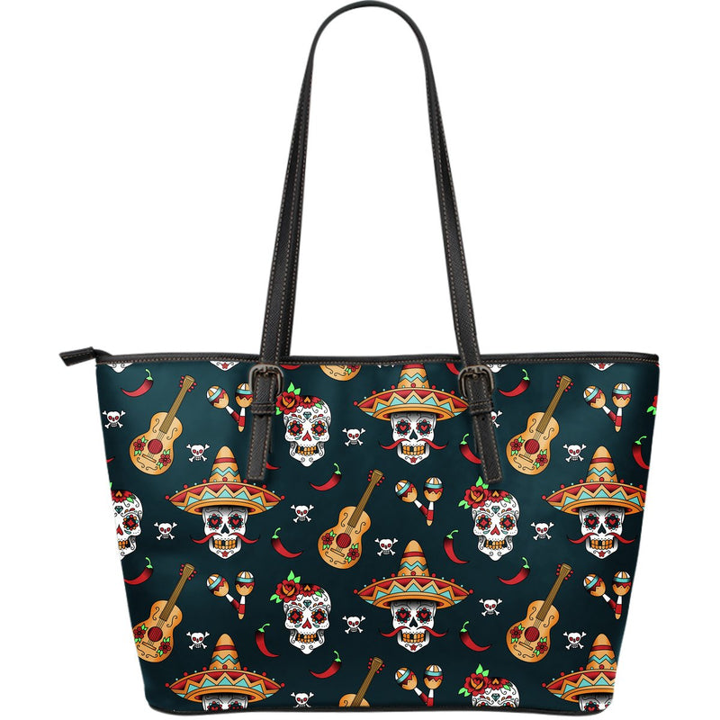 sugar skull Mexican Large Leather Tote Bag