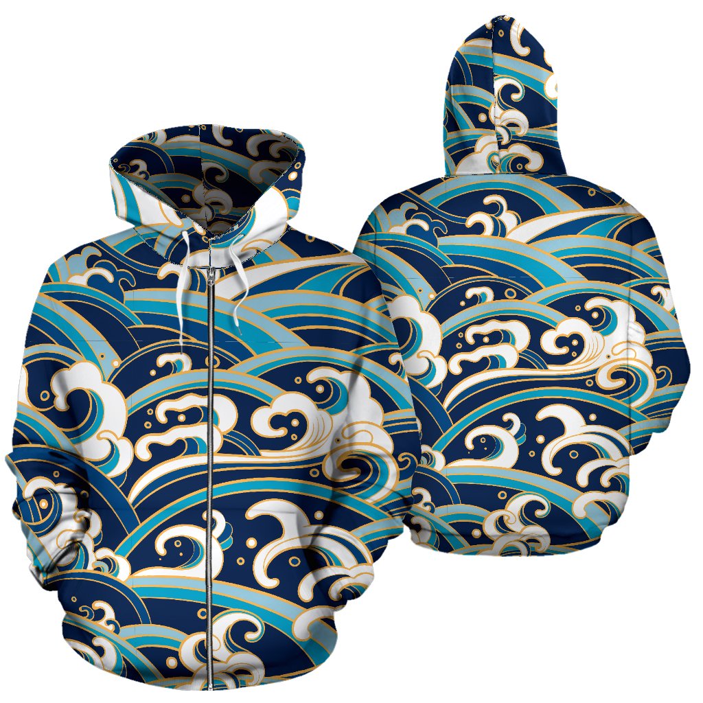 Surf Wave Pattern All Over Zip Up Hoodie