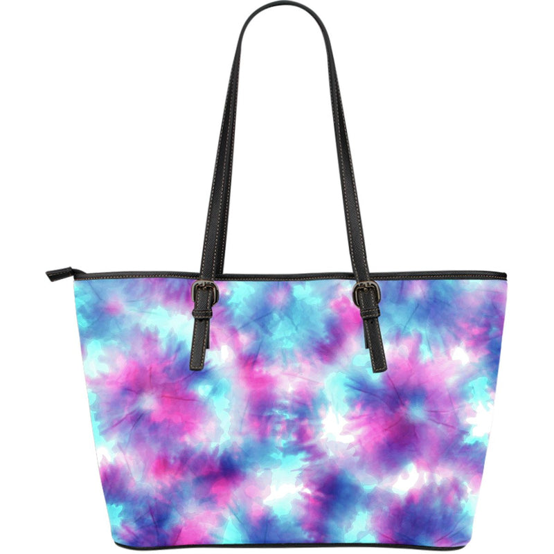 Tie Dye Blue Pink Large Leather Tote Bag