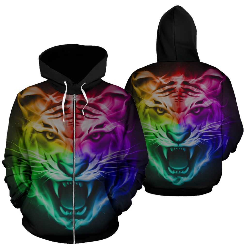 Tiger Head Colorful All Over Zip Up Hoodie
