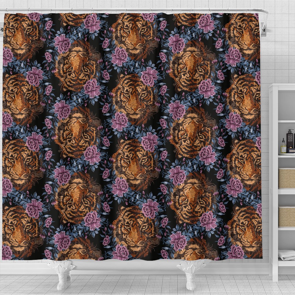 Tiger Head Floral Shower Curtain