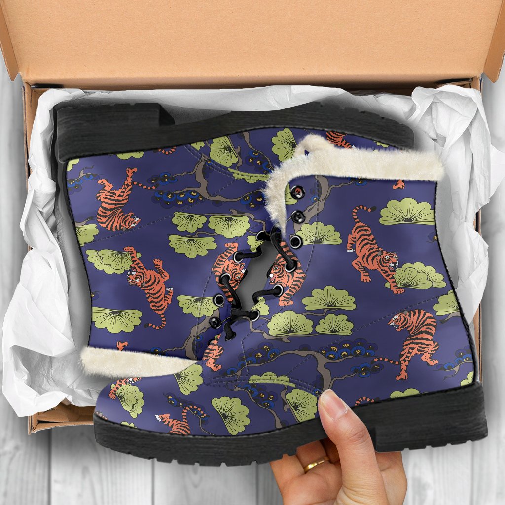 Tiger Pattern Japan Style Faux Fur Leather Boots