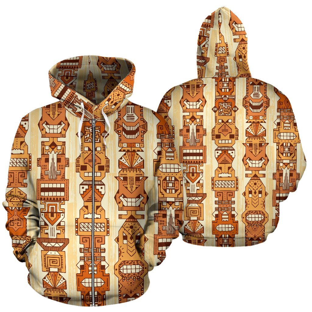Hawaiian Polynesian Tiki Pattern All Over Zip Up Hoodie