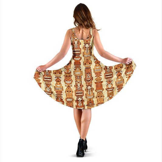 Tiki Orange Vertical Pattern Sleeveless Mini Dress