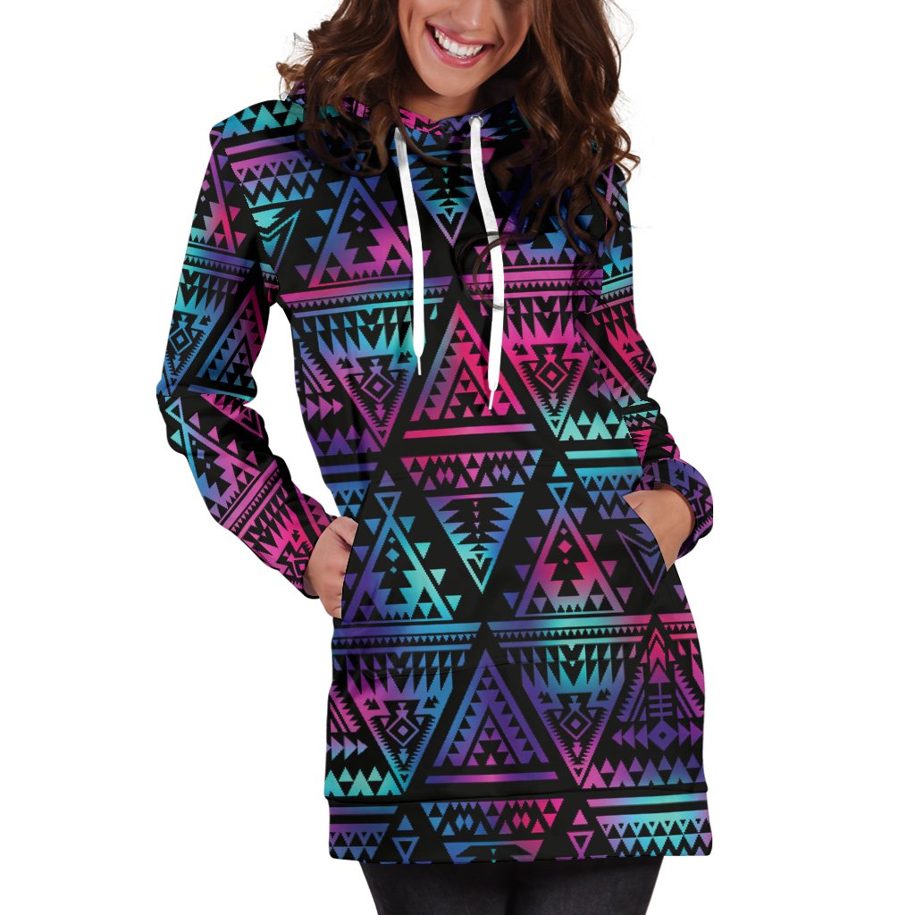 Tribal Aztec Dark Multicolor Women Hoodie Dress