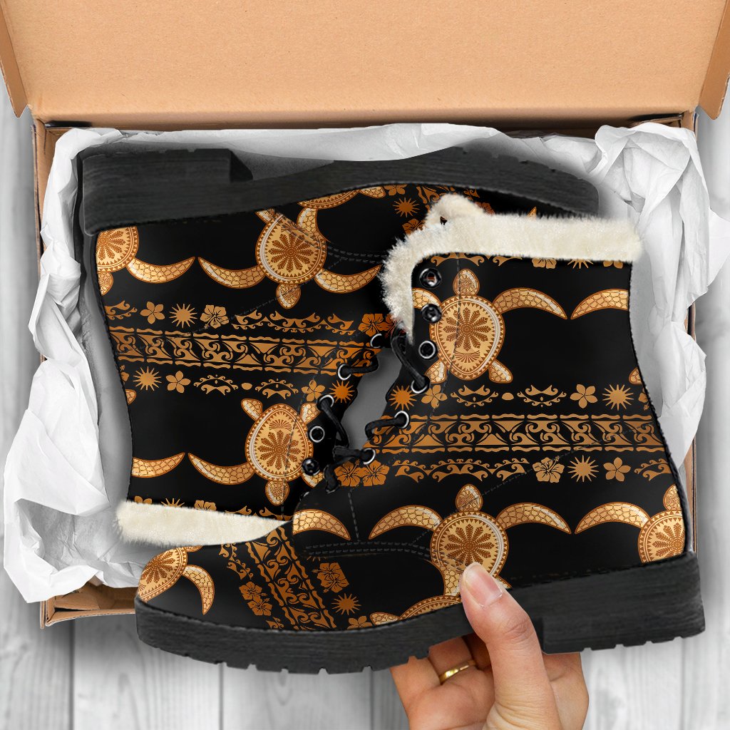 Tribal Sea Turtle Polynesian Hawaiian Faux Fur Leather Boots