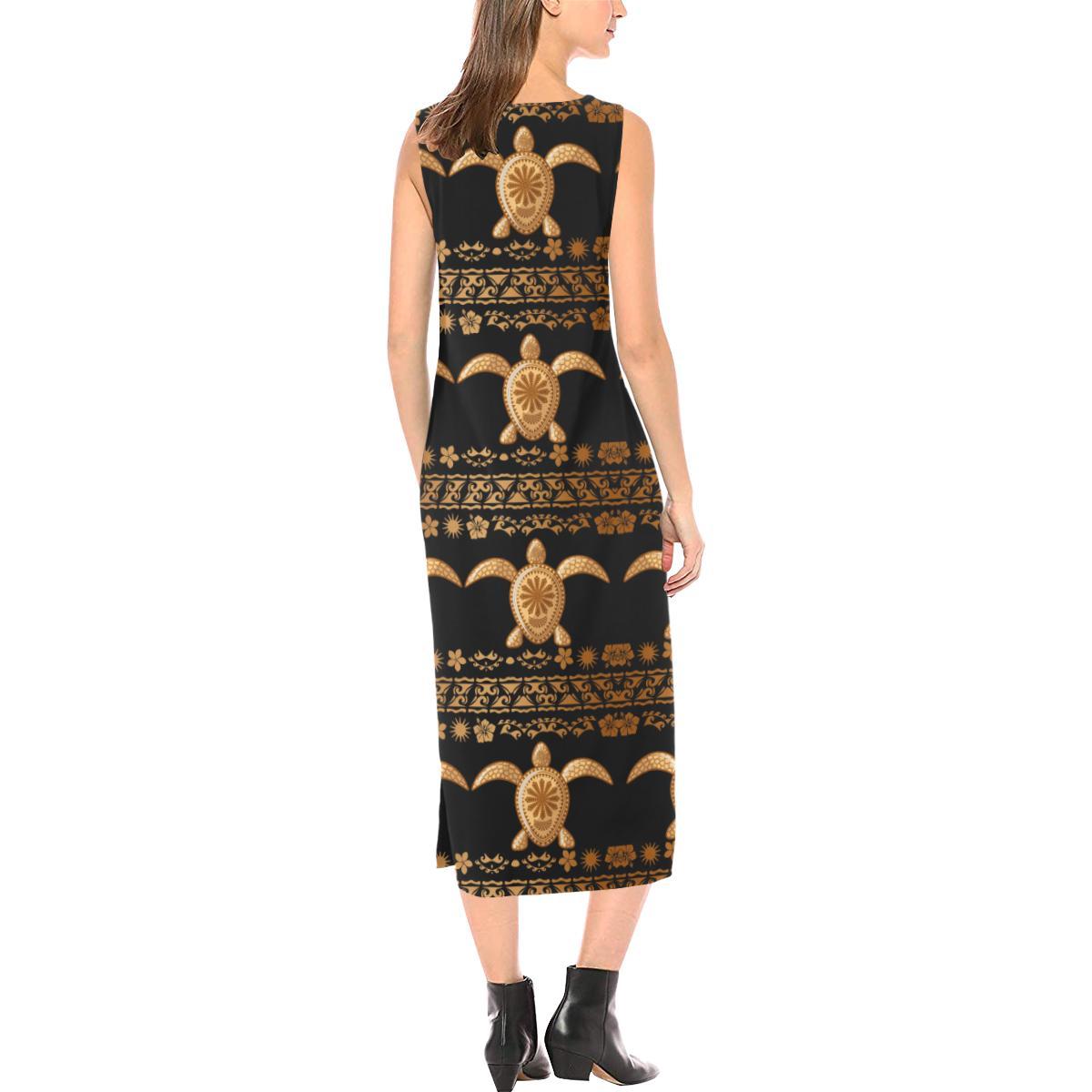 Tribal Sea turtle Polynesian Hawaiian Sleeveless Open Fork Long Dress