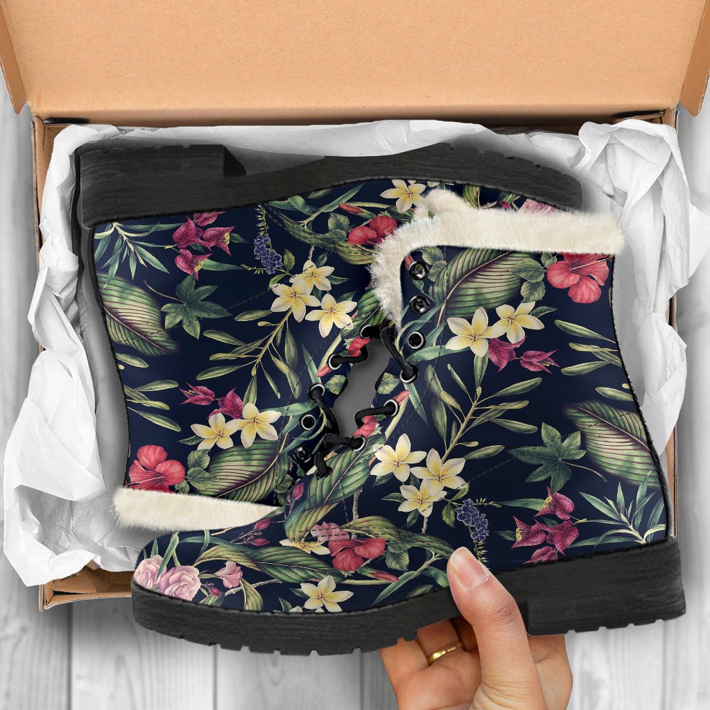 Tropical Flower Pattern Faux Fur Leather Boots