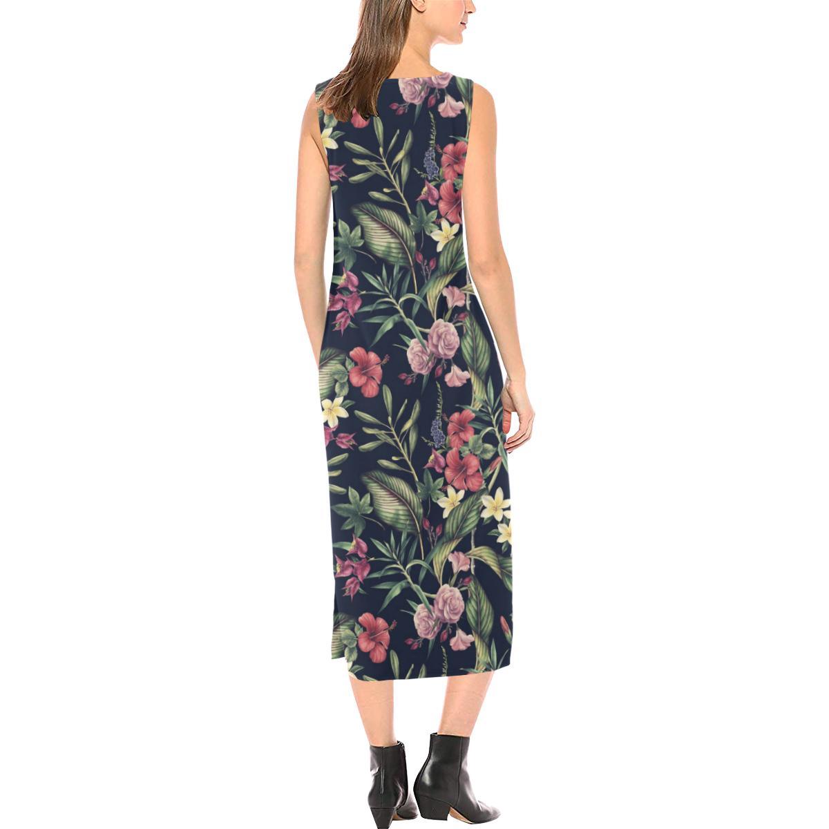 Tropical Flower Pattern Sleeveless Open Fork Long Dress
