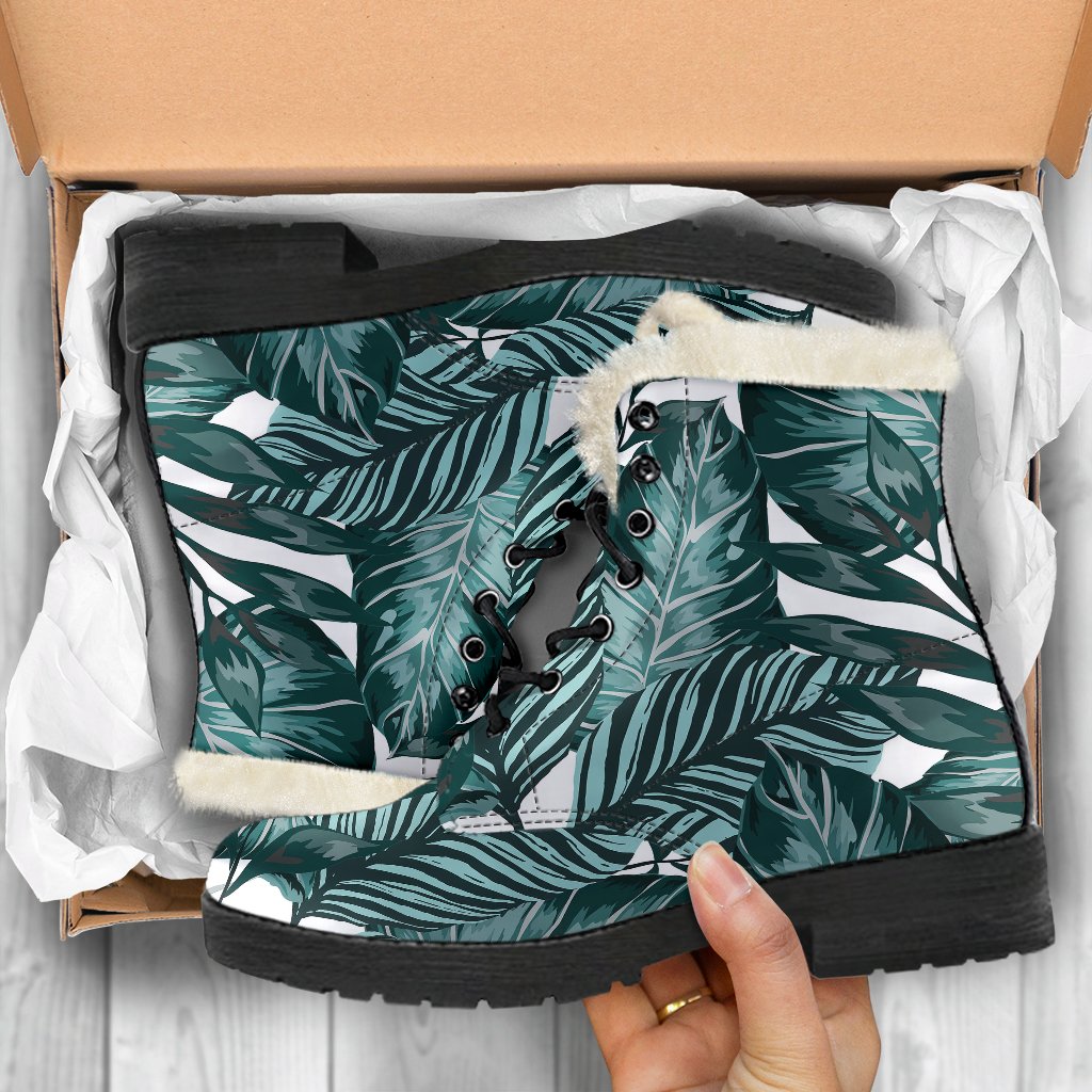 Tropical Palm Leaves Pattern Faux Fur Leather Boots