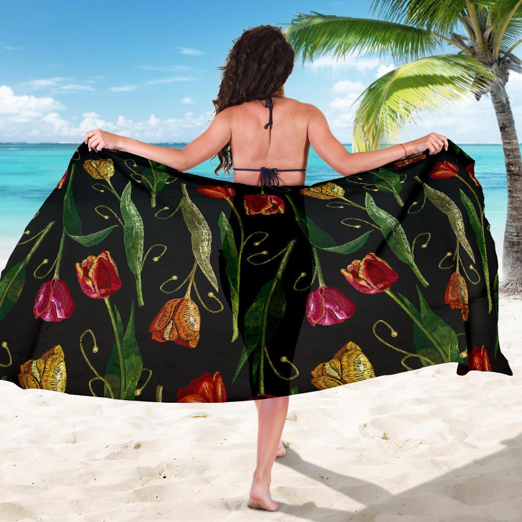 Tulip Embroidered Pattern Print Design TP01 Sarong Pareo Wrap-JORJUNE.COM
