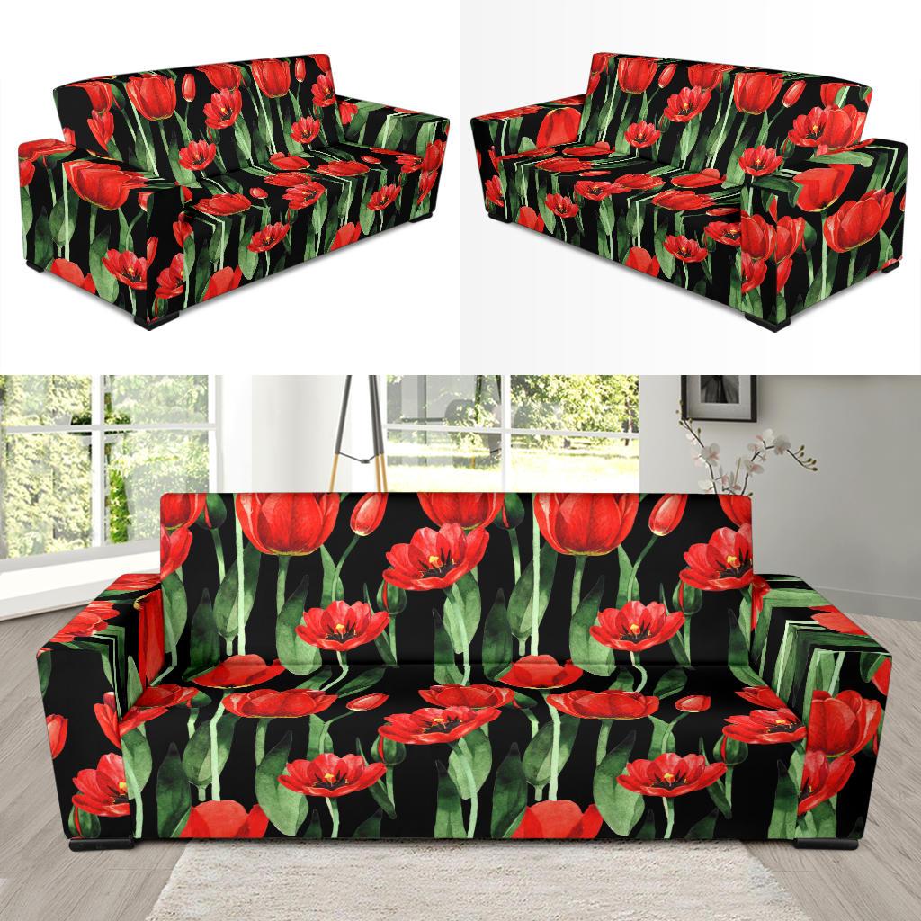 Tulip Red Pattern Print Design TP03 Sofa Slipcover-JORJUNE.COM