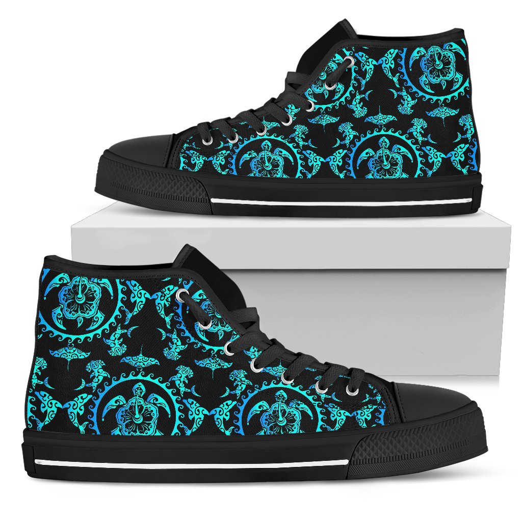turquoise Tribal Sea Turtle Hawaiian Men High Top Shoes