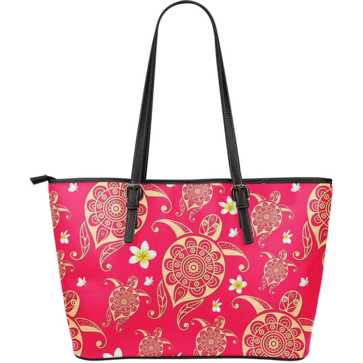 Tribal Sea Turtle Plumeria Hawaiian Flower Large Leather Tote Bag