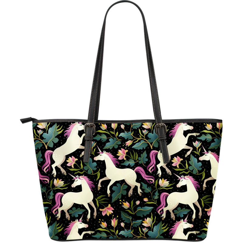 Unicorn in Floral Large Leather Tote Bag