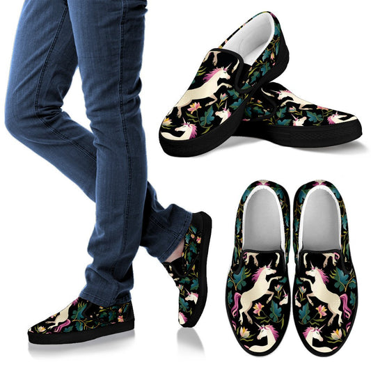 Unicorn in Floral Women Canvas Slip On Shoes