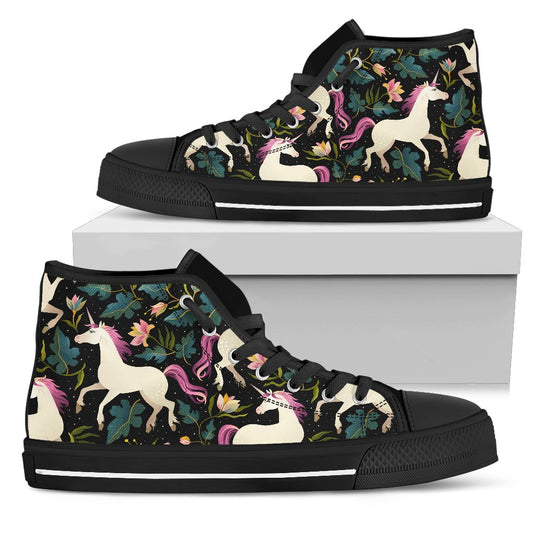 Unicorn in Floral Women High Top Canvas Shoes