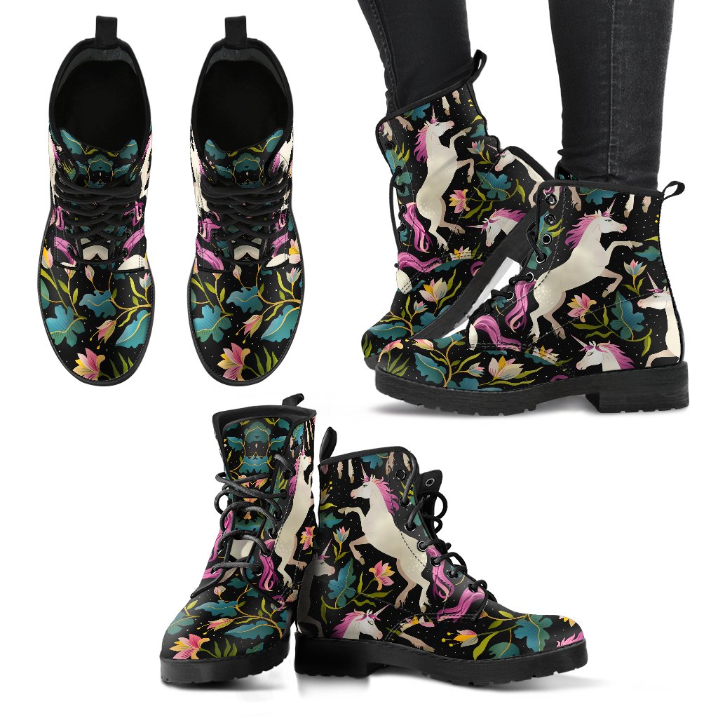 Unicorn in Floral Women & Men Leather Boots