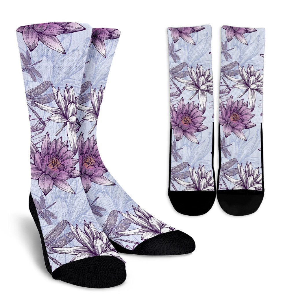 Water Lily Pattern Print Design WL01 Crew Socks-JORJUNE.COM