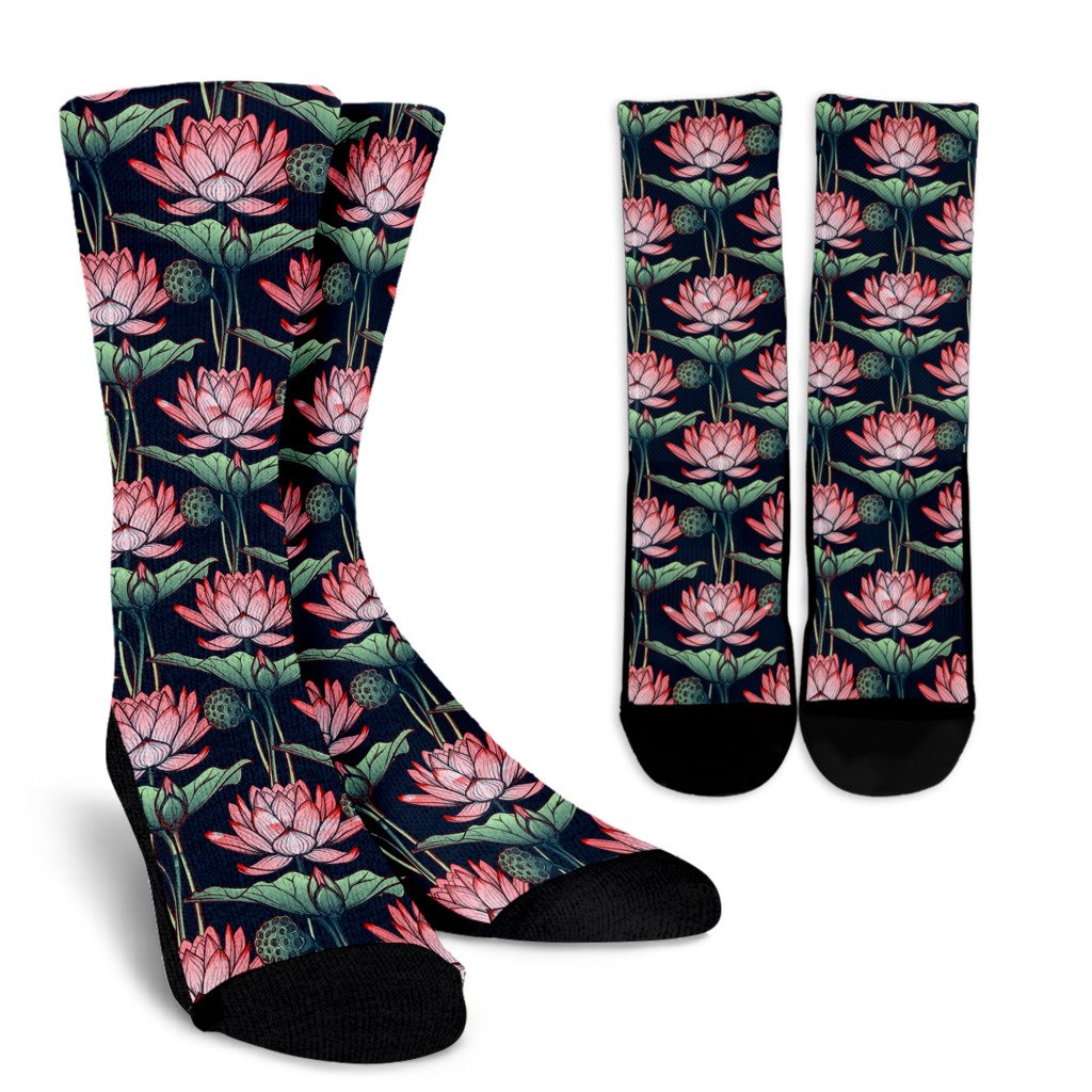 Water Lily Pattern Print Design WL03 Crew Socks-JORJUNE.COM