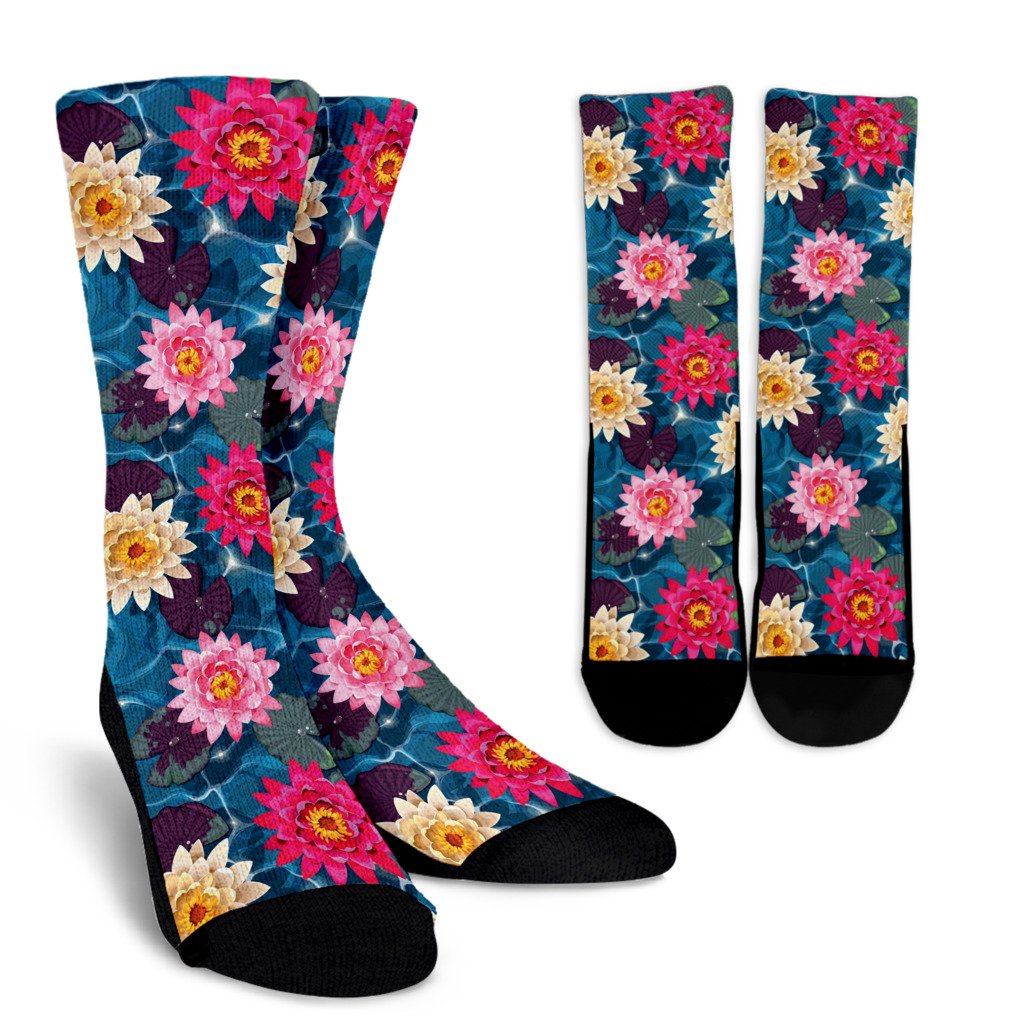 Water Lily Pattern Print Design WL05 Crew Socks-JORJUNE.COM