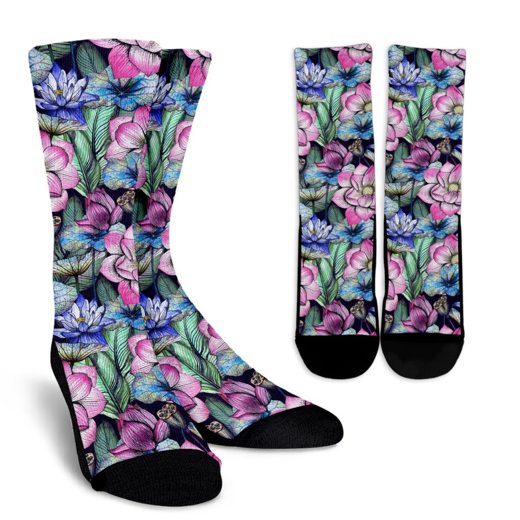 Water Lily Pattern Print Design WL07 Crew Socks-JORJUNE.COM