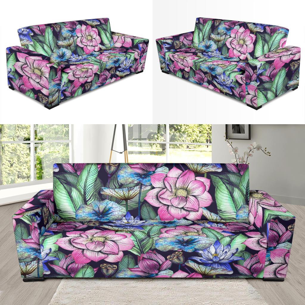 Water Lily Pattern Print Design WL07 Sofa Slipcover-JORJUNE.COM