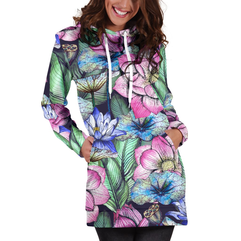Water Lily Pattern Print Design WL07 Women Hoodie Dress