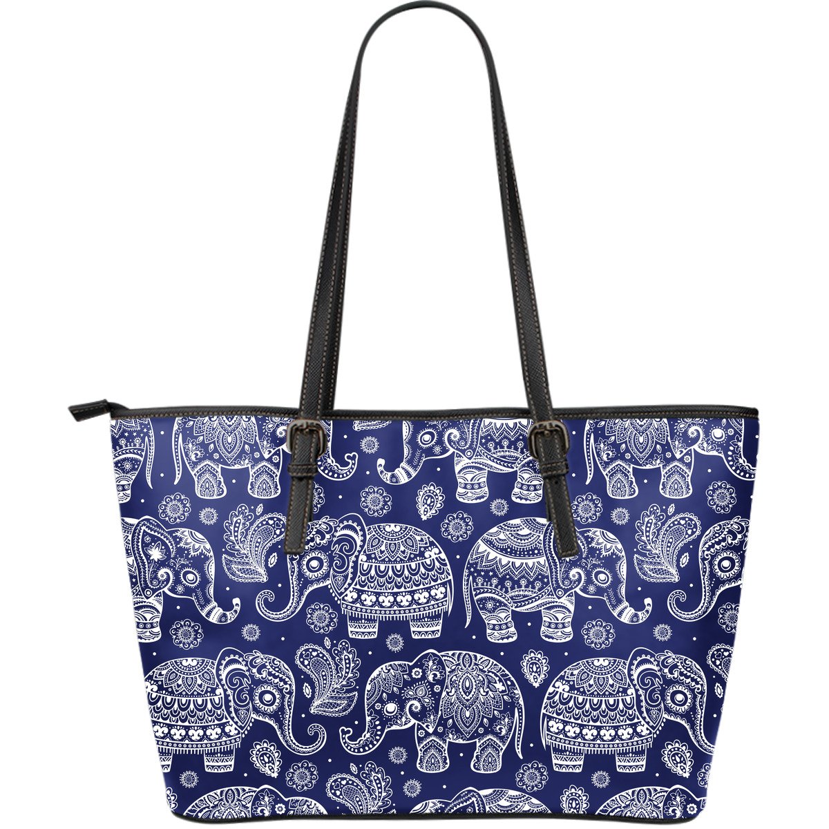 White Elephant Mandala Large Leather Tote Bag