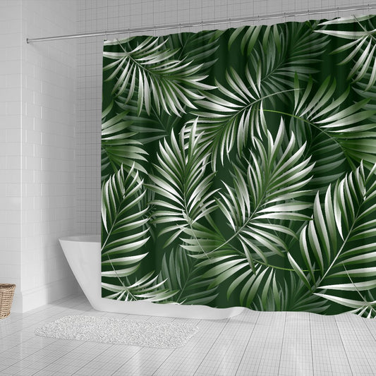 White Green Tropical Palm Leaves Shower Curtain