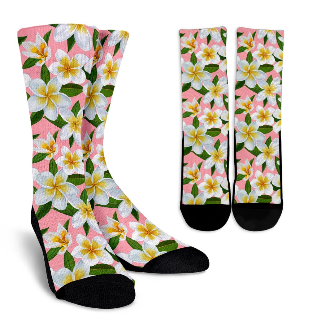 White Plumeria Pattern Print Design PM011 Crew Socks-JORJUNE.COM