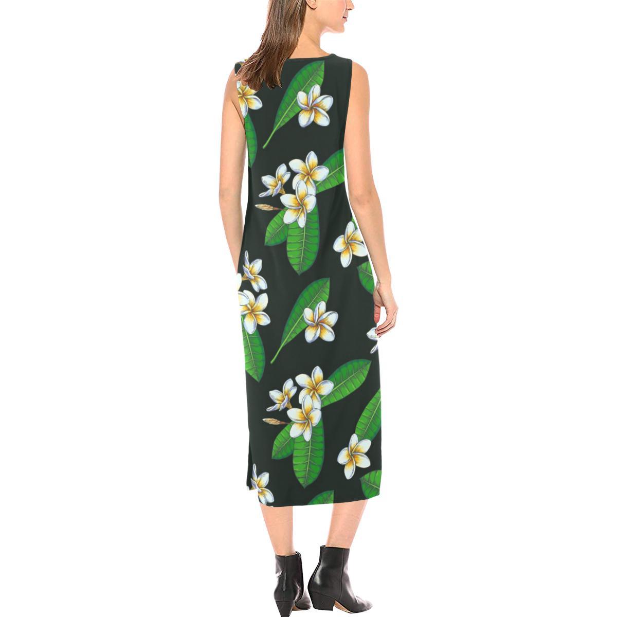 White Plumeria Pattern Print Design PM023 Sleeveless Open Fork Long Dress