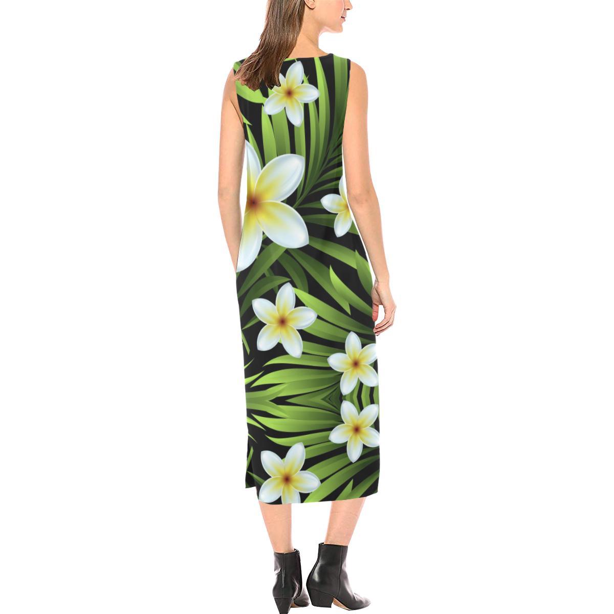 White Plumeria Pattern Print Design PM06 Sleeveless Open Fork Long Dress