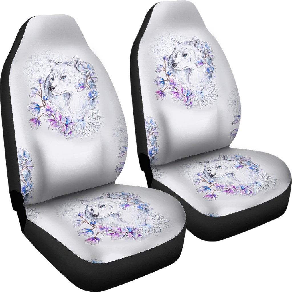 Wolf with Flower Print Design Universal Fit Car Seat Covers