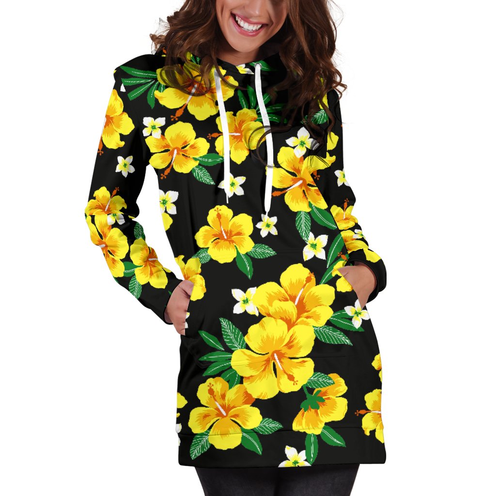 Yellow Hibiscus Pattern Print Design HB08 Women Hoodie Dress