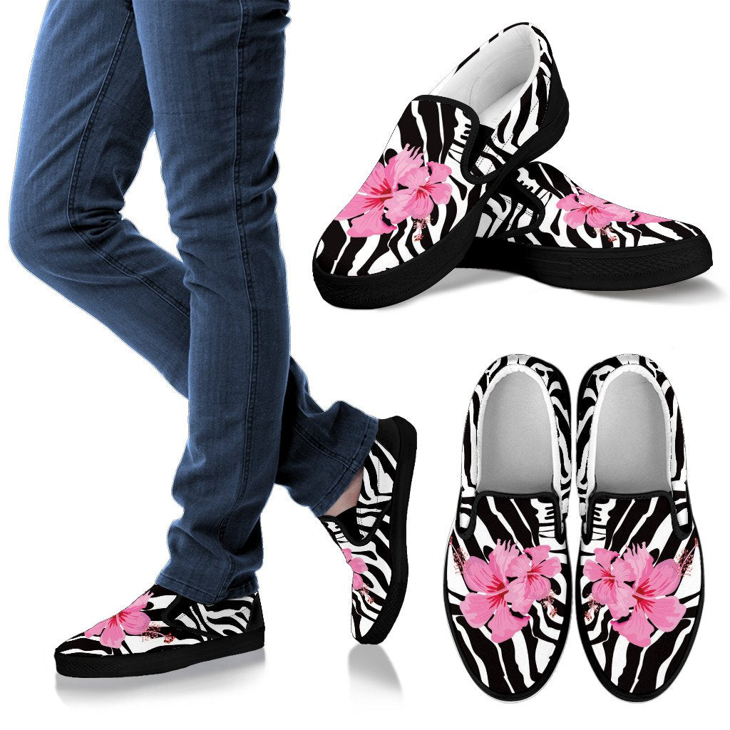 Zebra Pink Hibiscus Men Canvas Slip On Shoes