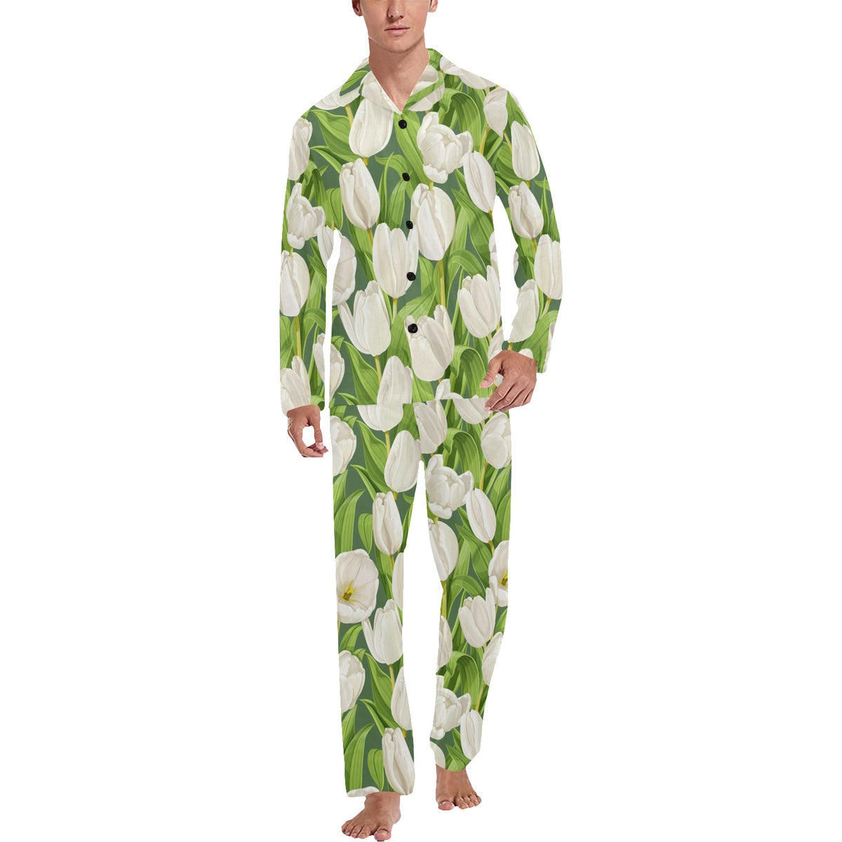 Tulip White Pattern Print Design TP05 Men's Long Sleeve Pajama Set