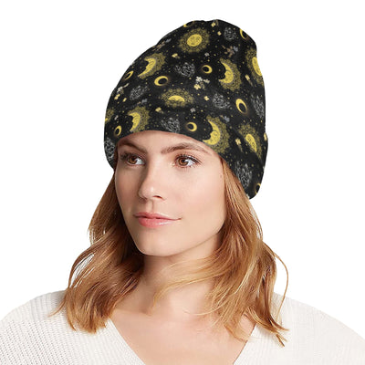 Sun Moon Golden Design Themed Print Unisex Beanie