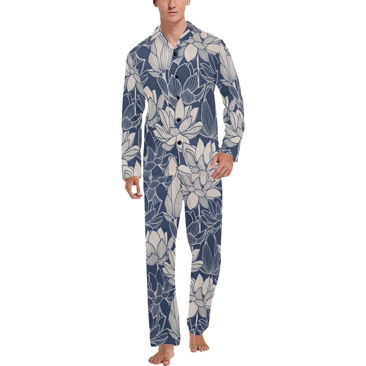 Water Lily Pattern Print Design WL04 Men's Long Sleeve Pajama Set