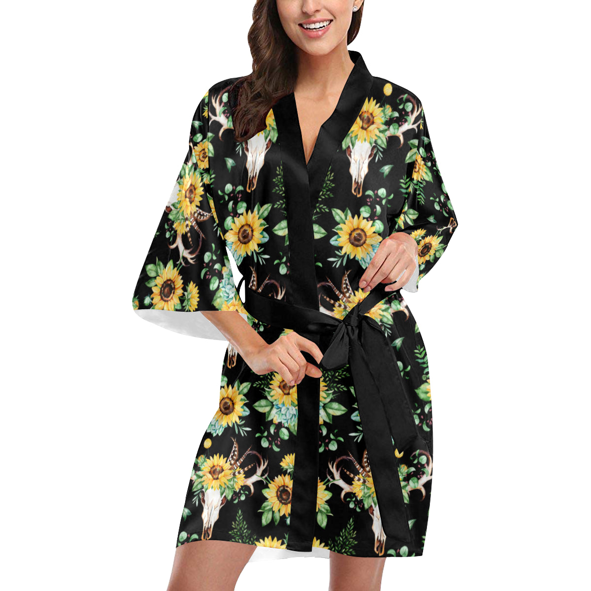 Sunflower Pattern Print Design SF08 Women's Short Kimono