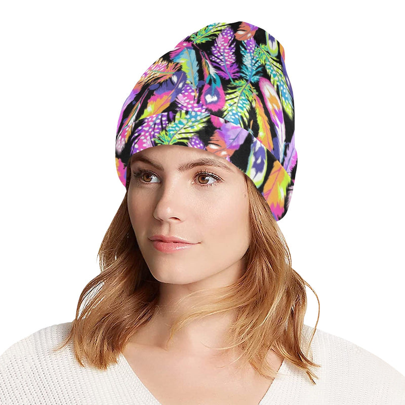 Neon Feather Pattern Print Design A02 Unisex Beanie