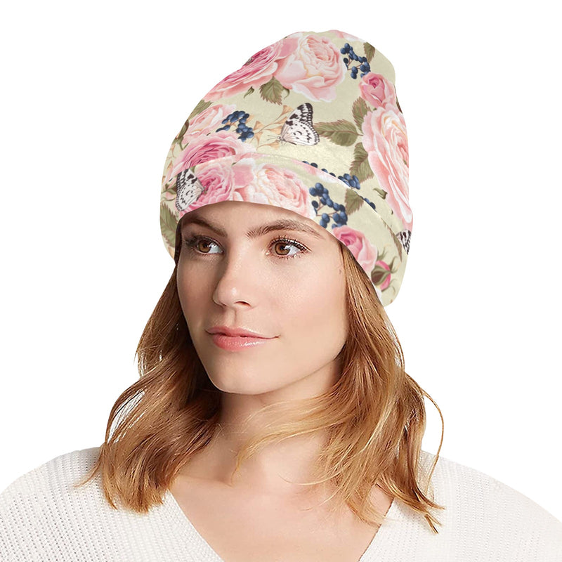 Floral Pink Butterfly Print Unisex Beanie