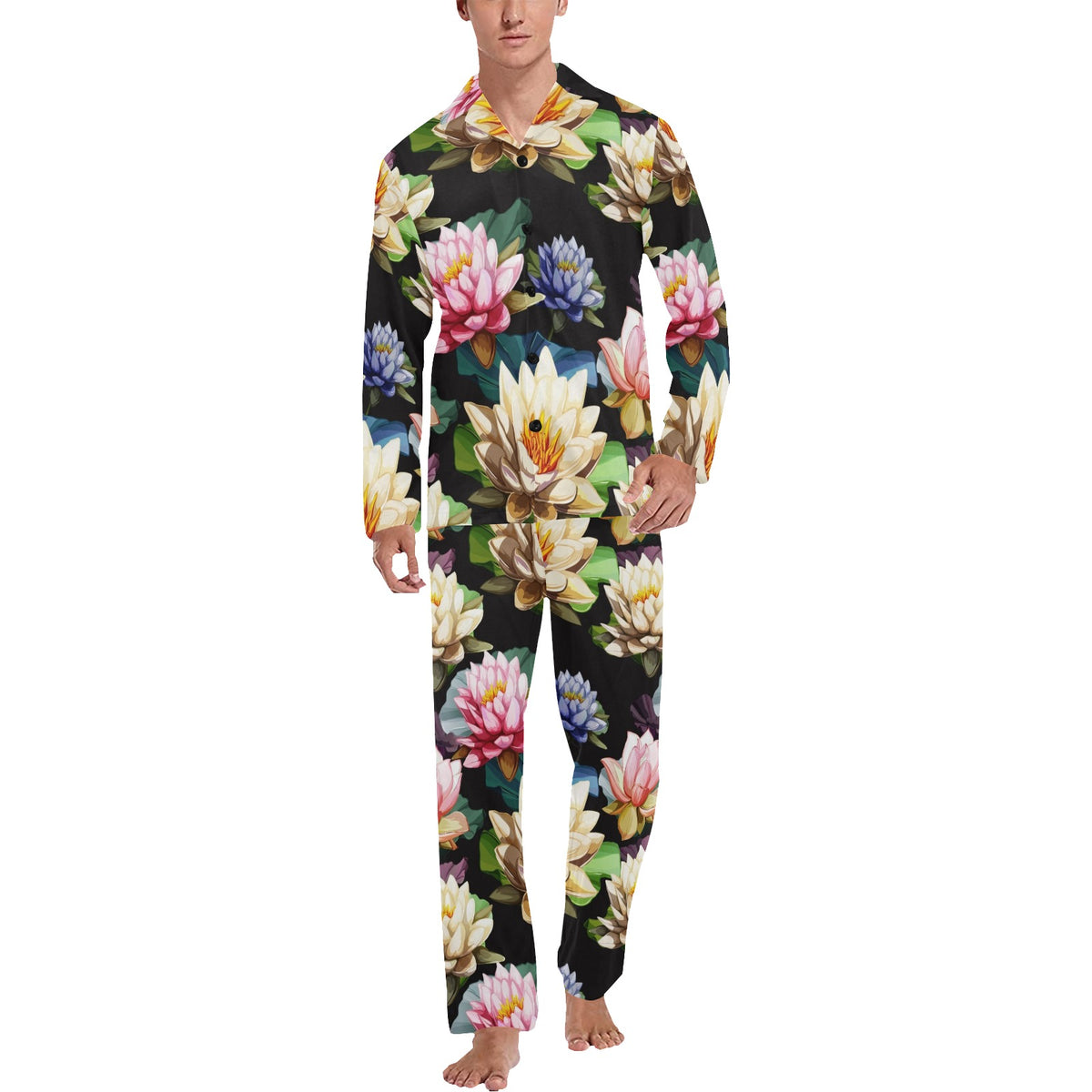 Water Lily Pattern Print Design WL02 Men's Long Sleeve Pajama Set