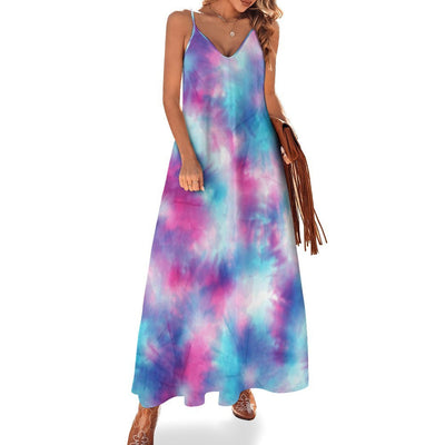 Tie Dye Blue Pink Long Maxi Dress