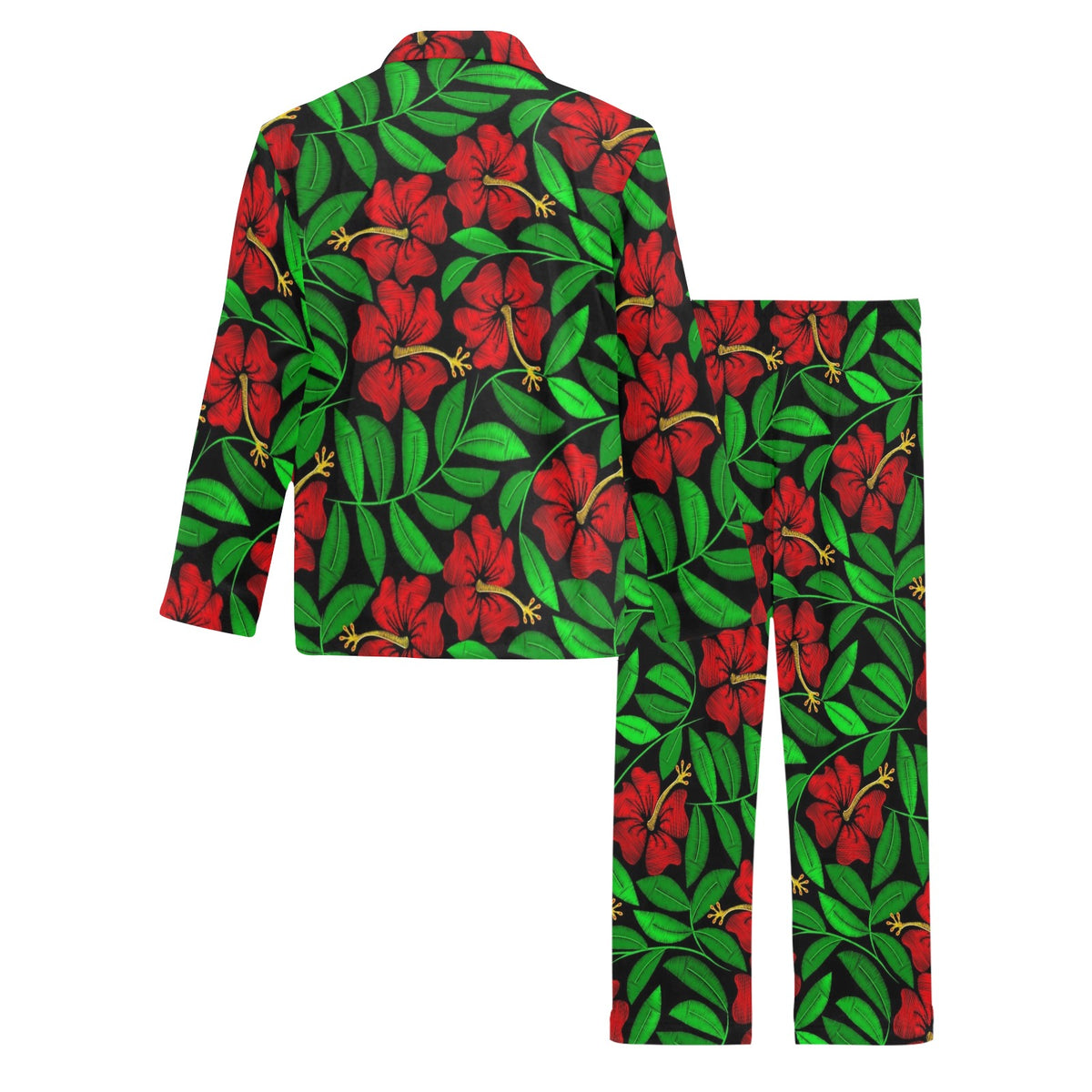 Red Hibiscus Embroidered Pattern Print Design HB032 Men's Long Sleeve Pajama Set
